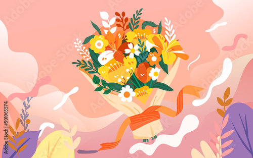 Valentine's day flower bouquet with plants in the background, vector illustration