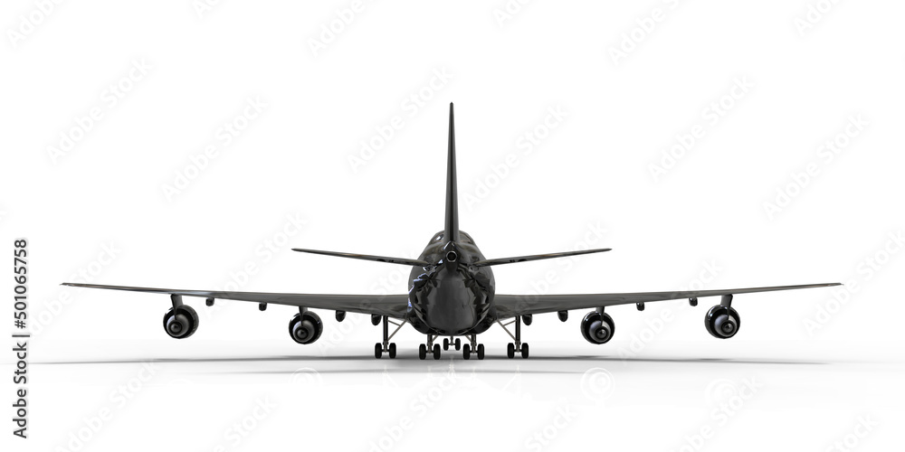 Large passenger aircraft of large capacity for long transatlantic flights. Black airplane on white isolated background. 3d illustration. Large passenger aircraft of large capacity for long transatlantic flights. Black airplane on white isolated background. 3d illustration.