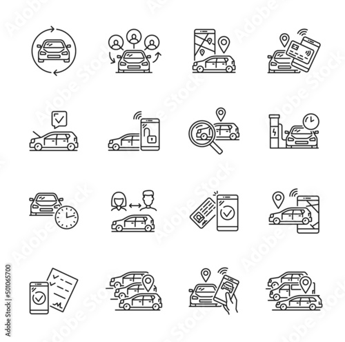 Car share service linear icons, taxi rent and vehicle sharing, vector car pool symbols. Carsharing or auto carpooling service line icons for passenger transport exchange and transport share app