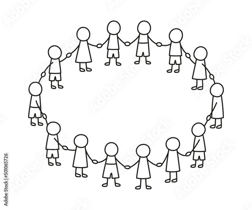 Happy doodle stick children holding hands. Hand drawn funny kids in circle. International friendship concept. Doodle children community. Vector linear illustration isolated on white background.