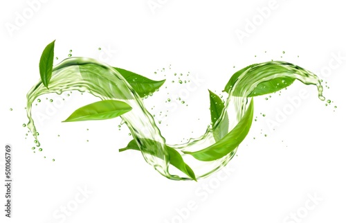 Herbal tea drink wave splash with green tea leaves and water flow, realistic vector. Green tea leaves with isolated water spill flow, ice tea fresh drink or lemonade drops splash