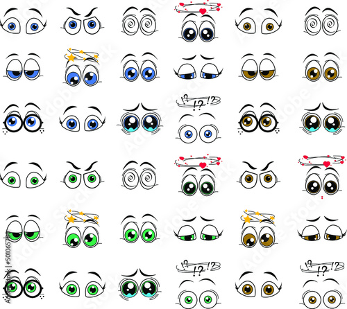 Cartoon eyes. Eyes for drawn characters with different emotions and eye color. Blue, green and brown eyes