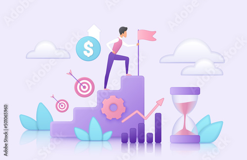 Business success, leadership and financial development. Tiny leader character climbing staircase to flag, target aim, salary or income growth creative flat vector illustration. Career goal concept