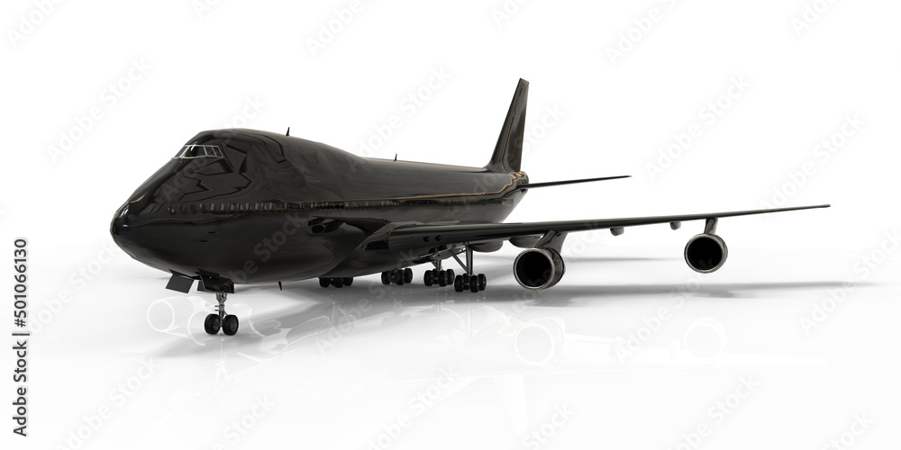 Large passenger aircraft of large capacity for long transatlantic flights. Black airplane on white isolated background. 3d illustration. Large passenger aircraft of large capacity for long transatlantic flights. Black airplane on white isolated background. 3d illustration.