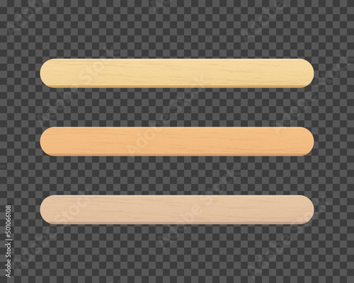 Popsicle sticks, wooden elements for holding ice cream, tongue depressor for throat medical examination. Isolated realistic vector Illustration on white background.