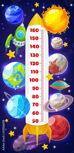 Kids height chart meter with space rocket, spaceships, planets, asteroids and Sun. Vector stadiometer with measure scale on universe background with cartoon Earth, Saturn, Jupiter, Mars and Venus