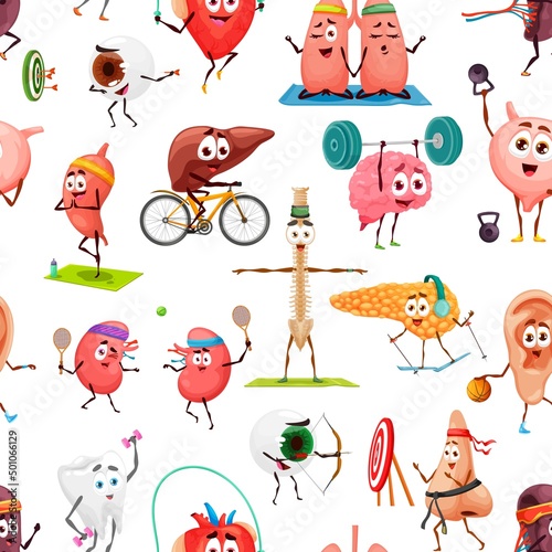 Cartoon funny organs seamless pattern, human body parts and anatomy vector background. Pattern of organs characters in sport and fitness, brain with barbell, kidney playing tennis and liver on bicycle