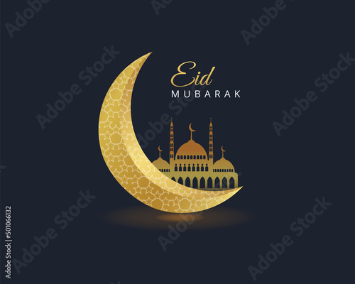 Eid Mubarak or Ramadan Kareem on Islamic design concept with a moon on color background. 3d modern Islamic holiday poster template.