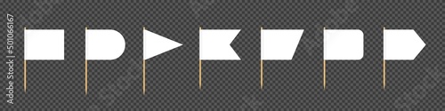 Toothpick flag. Blank flag on wooden stick. Wood toothpick with white paper banner for food and cocktail decoration. Different forms of pennant. Realistic 3d vector isolated on transparent background.