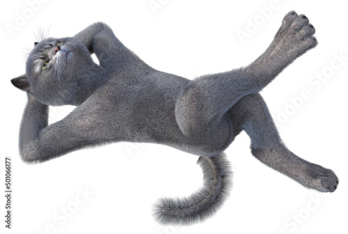 Gray anthropomorphic cat laying on its back with hands under the head. 3d render isolated on white