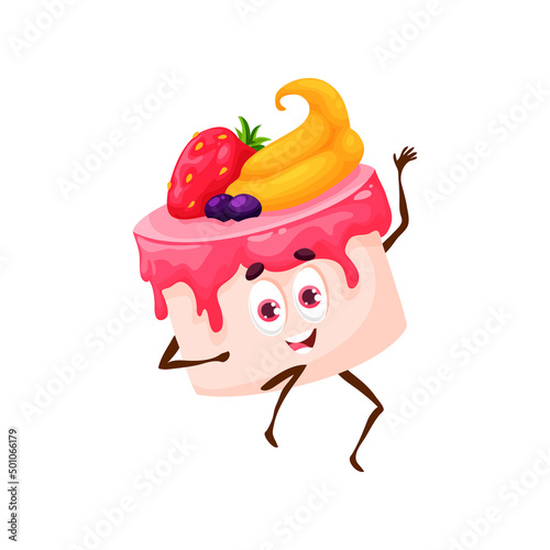 Cartoon cake with jam and fruits, vector dessert character. Bakery personage with funny face waving hand. Bakehouse production, fairytale freshly baked pastry, kawaii bake house confectionery