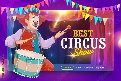 Shapito circus landing page, cartoon clown and drum on circus stage. Vector website or web page of carnival amusement show announcement with chapiteau arena, clown, festive flags and red curtains