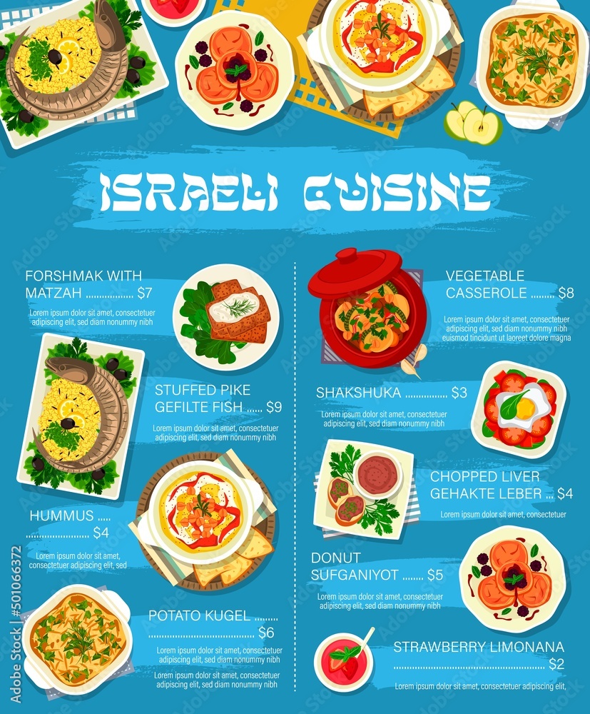 Israeli cuisine menu, Israel food dishes and meals, vector shakshuka and hummus. Israeli cuisine or Jewish restaurant food menu of gefilte fish, vegetable casserole with forhsmak and matzah