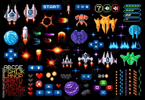 Space game asset 8bit pixel art galaxy planets, rockets, starcraft, font and pixelated game interface buttons. Vintage vector shuttles, fire, explosion, menu elements, heart, arrows, comets or meteors