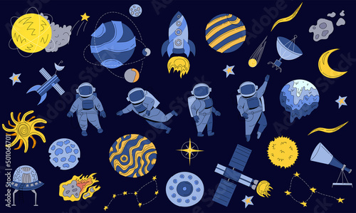 Space set. Vector abstract illustrations of an astronaut, planets, galaxy, asteroids, stars, telescope, shuttle, space station and tehnology. Science fiction drawing for poster, cover or background.