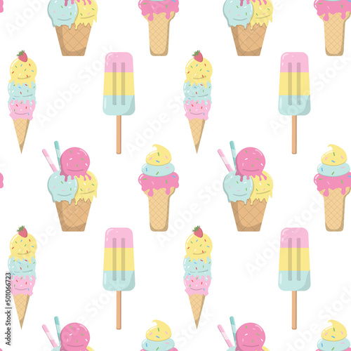 Cartoon tasty ice cream in pastel colors seamless pattern. Isolated on white background. Print with frozen creamy desserts, and waffles cones. Sundae ice scoops vector texture, holiday paper