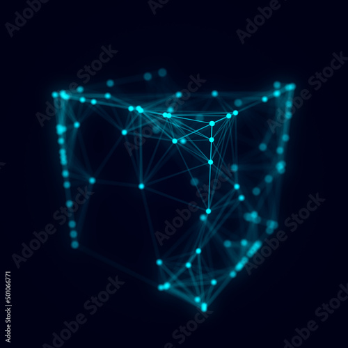 Abstract wireframe cube whith connection dots and lines. Digital blockchain concept and data transfer system. Storage cells of datas. 3d rendering © estar 2020