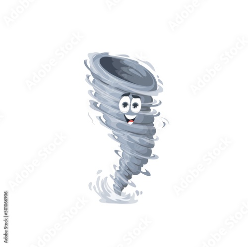 Cartoon tornado character, storm whirlwind twister or cyclone hurricane, isolated vector. Funny cute tornado wind or typhoon cloud emoji with face and smile, kids cartoon comic weather character