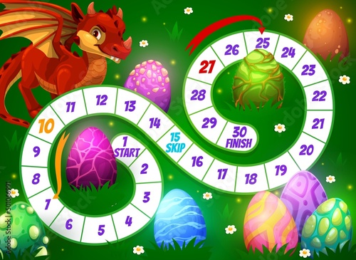 Kids board game with cartoon dragon and eggs on green meadow, vector riddle worksheet. Kids tabletop dice or race game with cartoon dragon lizard or dinosaur with fantastic eggs on flowers field