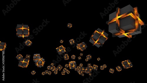 Orange illuminated cubes under black background. Block chain network technology concept illustration. 3D illustration. 3D CG. 3D high quality rendering. 