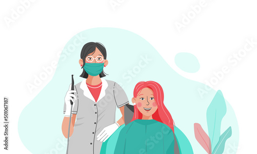 Vector flat illustration, a female dentist with a female patient.	
