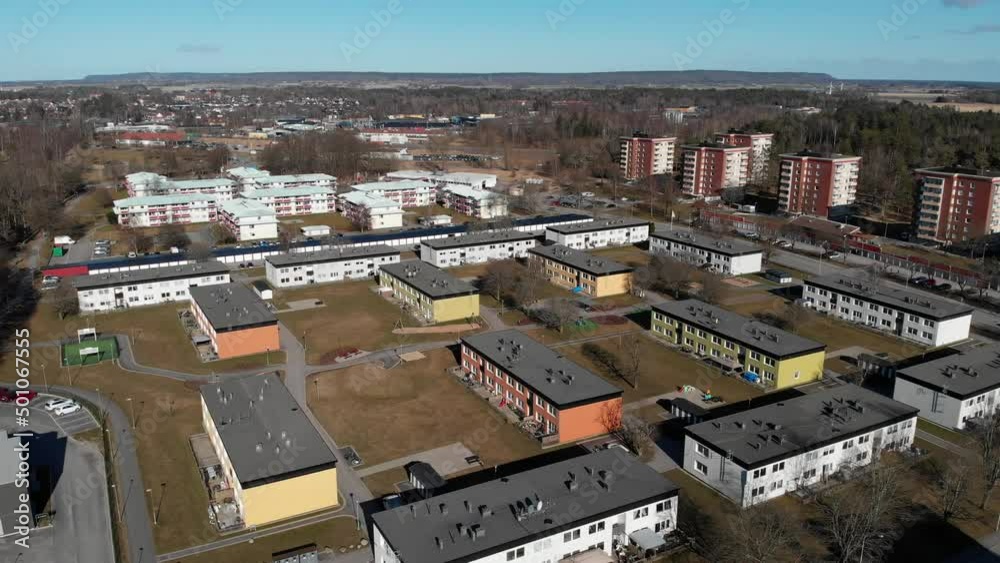 Two-story housing in Kronogarden suburb, Trollhattan, Sweden, aerial - residential living area Two-story housing in Kronogarden suburb, Trollhattan, Sweden, aerial - residential living area