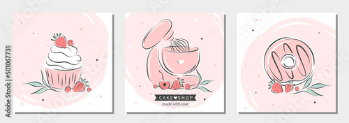 Set of design for pastry and bread shop. Cake shop logo. Planetary stationary dough mixer, cupcake, donut and berries. Vector illustration