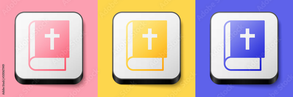 Obraz premium Isometric Holy bible book icon isolated on pink, yellow and blue background. Square button. Vector