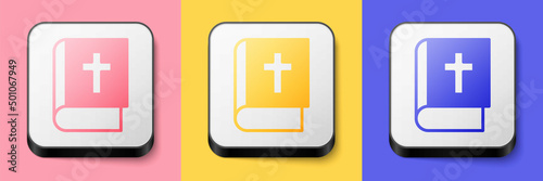 Isometric Holy bible book icon isolated on pink, yellow and blue background. Square button. Vector