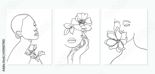 Set of faces with flower. Abstract minimal portrait. - Vector illustration