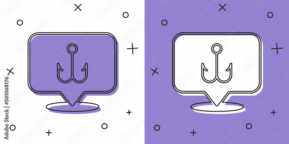 Set Fishing hook icon isolated on white and purple background. Fishing tackle. Vector Set Fishing hook icon isolated on white and purple background. Fishing tackle. Vector