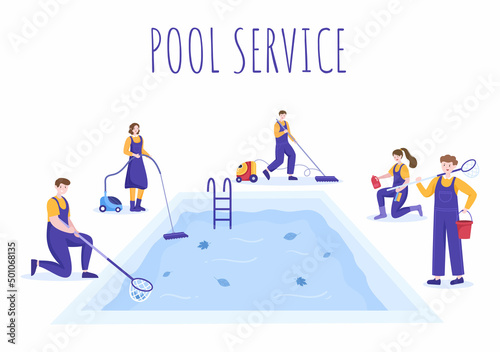 Swimming Pool Service Worker with Broom, Vacuum Cleaner or Net for Maintenance and Cleaning of Dirt in Flat Cartoon Illustration