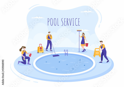 Swimming Pool Service Worker with Broom, Vacuum Cleaner or Net for Maintenance and Cleaning of Dirt in Flat Cartoon Illustration