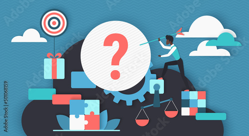 Business choice, strategy. Tiny businessman choosing target to aim with arrow, man making decision with question mark, balance scales and puzzle symbols flat vector illustration. Achievement concept