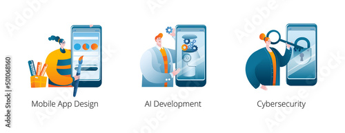 The team is developing a mobile application. A set of vector illustrations.