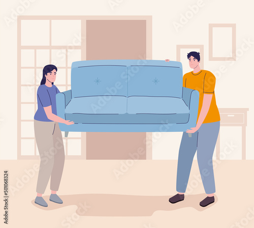 couple moving sofa characters