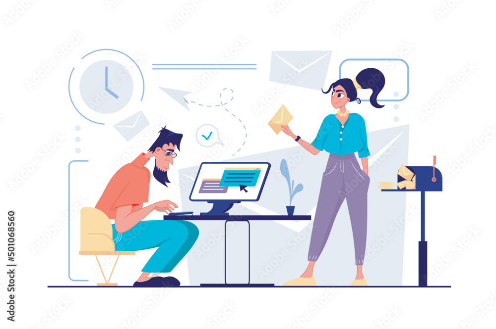 Email service concept in flat cartoon design. Man and woman send personal and business letters, making advertising mailing, messaging at app or program. Vector illustration with people scene for web