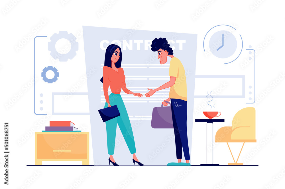 Teamwork at office concept in flat cartoon design. Businesswoman and businessman shake hands and sign contract. Colleagues cooperate and working together. Vector illustration with people scene for web Teamwork at office concept in flat cartoon design. Businesswoman and businessman shake hands and sign contract. Colleagues cooperate and working together. Vector illustration with people scene for web
