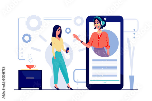 Virtual assistant concept in flat cartoon design. Woman calling to support center to solve problem, operator consults client and answers questions. Vector illustration with people scene for web