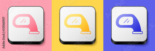Isometric Car mirror icon isolated on pink, yellow and blue background. Square button. Vector