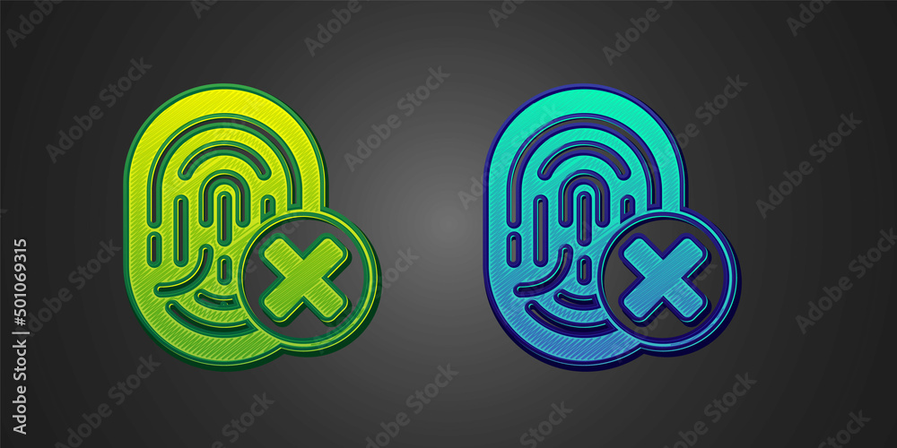 Green and blue Cancelled fingerprint icon isolated on black background. Access denied for user concept. Error, fraud. Identification sign. Touch id. Vector Green and blue Cancelled fingerprint icon isolated on black background. Access denied for user concept. Error, fraud. Identification sign. Touch id. Vector
