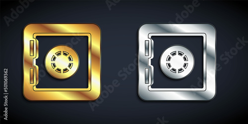 Gold and silver Safe icon isolated on black background. The door safe a bank vault with a combination lock. Reliable Data Protection. Long shadow style. Vector