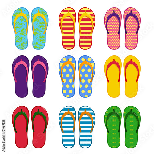 A set of beach flip-flops in different colors