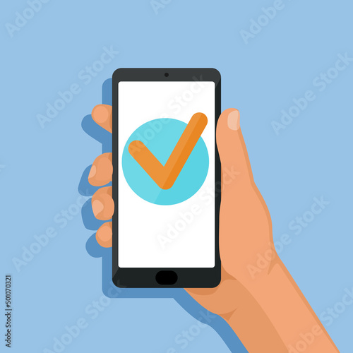 Phone in hand, check mark on the phone screen