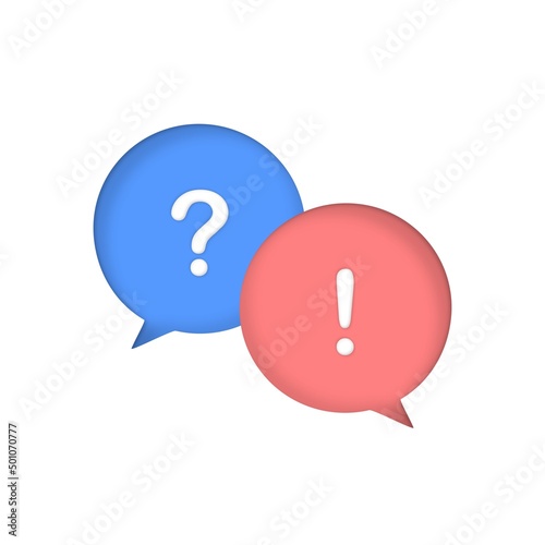 Question and answer icon. Question and exclamation marks with speech bubble. FAQ, help, online support center. 3d vector illustration. Cartoon minimal style.