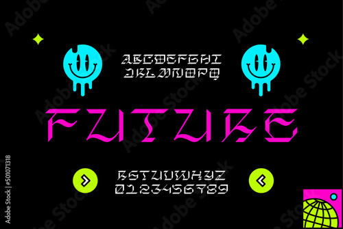 youth gothic lettering future font. trendy typography illustration. uppercase, lowercase letters and numbers. decorative premium vector alphabet design. modern poster, print, logo youth concept