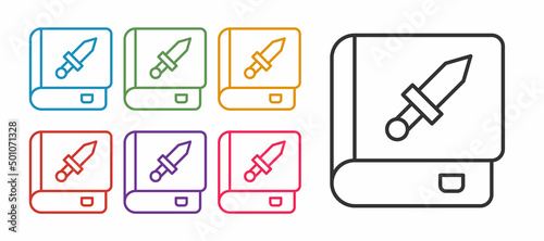 Set line Book about weapon icon isolated on white background. Small firearm. Weapon catalog. Set icons colorful. Vector