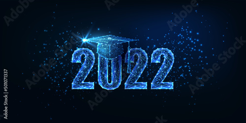Futuristic graduation 2022 concept banner with glowing low polygonal graduation hat on dark blue 