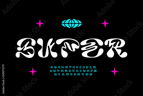 youth hippie lettering futuristic font. trendy typography illustration. uppercase, lowercase letters and numbers. decorative premium vector alphabet design. modern poster, print, logo youth concept