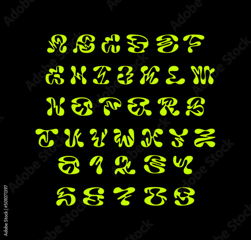 youth hippie lettering slime font. trendy typography illustration. uppercase, lowercase letters and numbers. decorative premium vector alphabet design. modern poster, print, logo youth concept